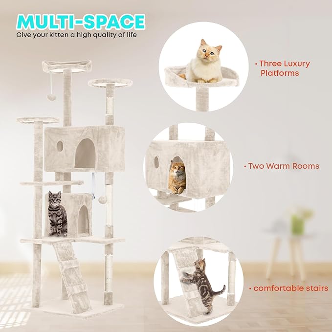 FDW | 70" Cat Tree Tower | Beige | Multi-Level Indoor Activity Center with Sisal Scratching Posts, Condos, Plush Perches, Hanging Cat Toys | Sturdy, Easy to Assemble | for Kittens & Adult Cats - Image 5