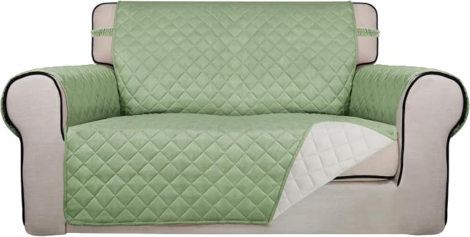PureFit Reversible Quilted Couch Covers for Dogs Loveseat Sofa Cover 46.5” | Sage Green/Ivory, Water Resistant Couch Protector, Washable Pet Couch Cover with Non Slip and Elastic Straps For Kids by PureFit