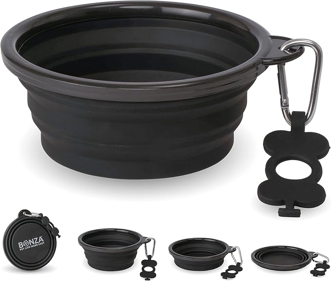 Bonza Collapsible Dog Bowls - Small 12 oz, Dog Travel Accessories, Silicone Portable Dogs Bowl & Water Dish with Reinforced Rim & Carabiner for Hiking, Camping, and Car Trips, Black by Bonza