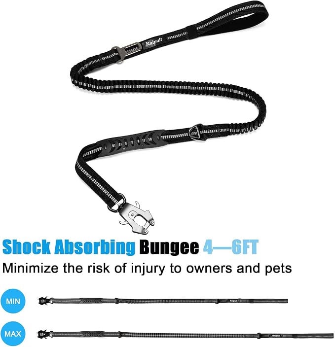 Raipult Tactical Shock Absorbing Bungee Dog Leash Heavy Duty, 4-6ft, Black | for Large Dogs That Pull, Quick-Release Frog Clip, Dual Handles for Close Control, Car Seat Belt Clip, Reflective at Night - Image 5