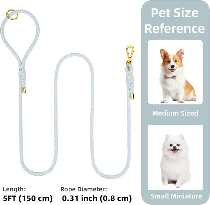 5FT Dog Leash 5/16 inch Puppy Cat Rope Lead | Light Blue, with Anti-tangle Swivel Clip, Comfortable Non-slip Grip Handle, Ideal for Daily Walks, for Small Medium Dogs - Image 2