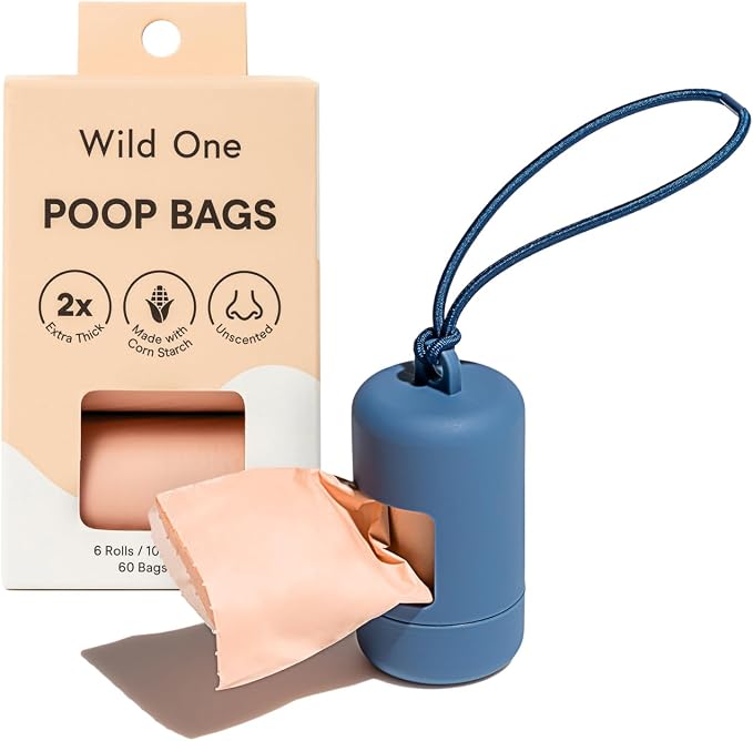 Wild One Dog Poop Bag Holder and Dispenser with Leash Attachment, Leak Proof, Easy Twist Top for Refills, Includes 1 Box Of Bags, Navy by WildOne