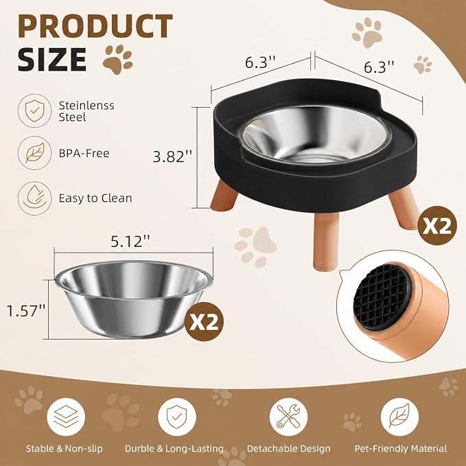 Elevated Cat Bowls, 2P Raised Cat Food and Water Bowl Set for Indoor Cats, Splash Proof with 2 Stainless Steel Pet Food Bowls for Cats ＆ Puppies, Whisker Friendly and Dishwasher Safe - Black - Image 6