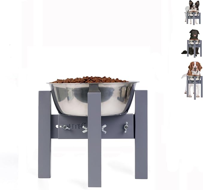 Elevated Dog Bowl Stand Adjustable Dog Food Holder 7”H Small Grey | 7” Elevated Dog Bowl Stand, Small Dogs, Adjustable, Fits 6”-8” Bowls, Single Bowl Holder, Natural Bamboo, Classic Grey by HTB