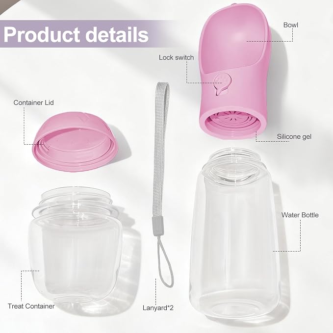 Portable Dog Water Bottle with Food Container, Drinking Bottle for Travel | 2 in 1 Dog Water Bowl, Leak Proof Pet Water Dispenser, BPA Free, Puppy Essentials, for Walking Hiking (Pink,19oz) - Image 2