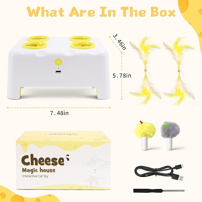 Interactive Cat Feather Toy Cheese Box 3in1 Whack a Mole | 3 Play Modes, Paw-Safe 4 Hole Whack-a-Mole, Anti-Slip Base, 4 Interchangeable Accessories, USB Rechargeable Auto Cat Toy - Image 8