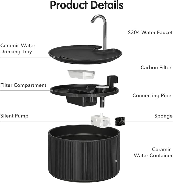 2.2L Ceramic Pet Fountain –Porcelain Pet Water Fountain & Little Dog Drinking Bowl– Automatic Cat Water Dispenser （Black） - Image 2