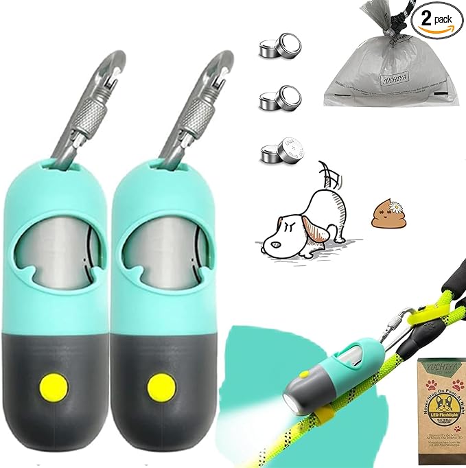 Dog Poop Bag Holder With LED Flashlight | Pet Waste Dispenser for Leash | Doggie Potty Container With Leak-proof Trash Bags and Accessories (2 Holders 30 Bags, Mint Green) by YUCHIYA