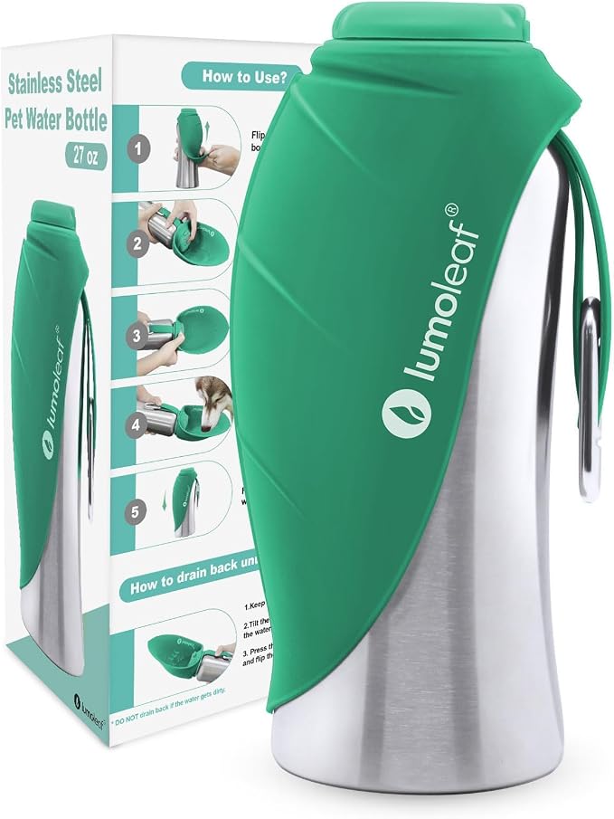 LumoLeaf Portable Dog Water Bottle 27 OZ, Stainless Steel Pet Travel Water Bottle Dispenser for Walking, Hiking and Outdoor, Portable Water Bowl for Large Dogs (Green) by LumoLeaf