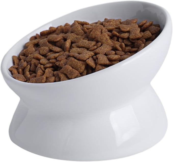 Elevated Ceramic Cat Bowl, 15° Tilted Raised Food & Water Dishes, Anti-Vomiting & Neck Protection Pet Feeder for Kittens, Small Dogs (5.2", White, 1pc Set) by KITCHENLESTARaddsmorebeautifulcolourstoyourlife