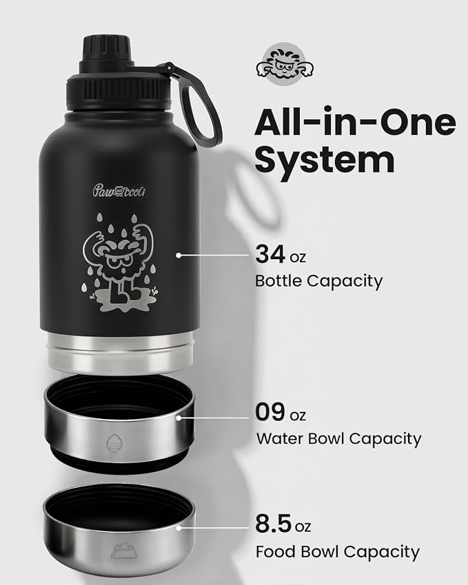 34oz Dog Water Bottle, Stainless Steel Dog Water Bottle Dispenser with Detachable Food & Water Bowls, Keeps Water Hot/Cold, for Walking, Hiking, Camping(Black) - Image 2
