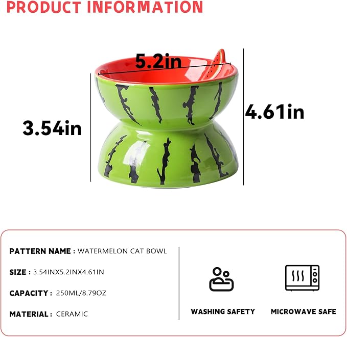 Elevated Cat Bowl Ceramic Raised Cat Food Water Bowls for Indoor Kitten | 5.2In Tilted Anti Vomiting Slow Feeder Cat Dishes, Whisker Friendly, Cute Watermelon Design - Image 7