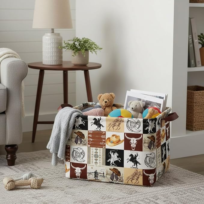 Western Cowboy Storage Basket Waterproof Canvas Toy Storage Bin Western Home Decor Collapsible Outdoor Basket with Leather Handles Western Decor Blanket Baskets For Closets,Bedrooms,Gifts Baskets - Image 5