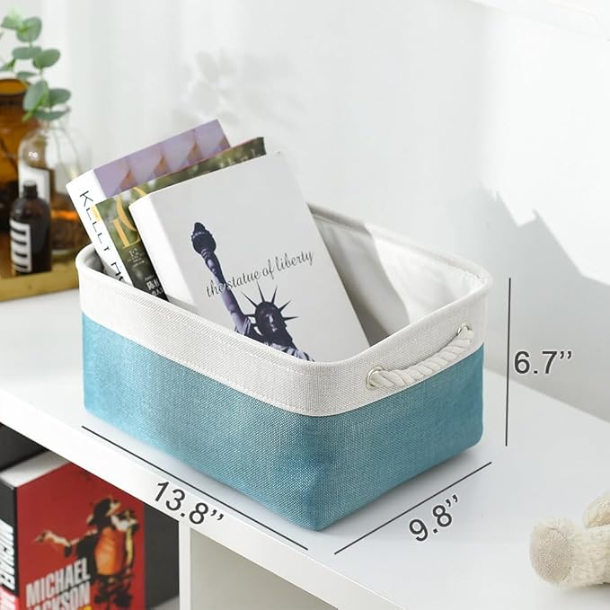 TheWarmHome Fabric Storage Bins Baskets for Organizing,Sturdy Storage Basket W/Handles, Decorative Foldable Storage Baskets for Shelves Closet Nursery Toy (White&Teal, Medium - 3 Pack) - Image 6