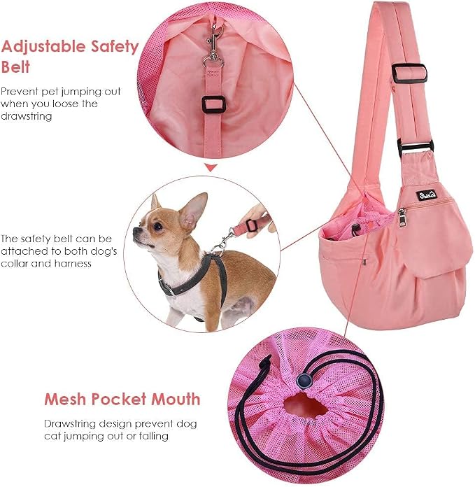 SlowTon Pet Carrier, Hard Bottom Support & Adjustable Padded Shoulder Strap | Dog Sling Carrier, Dog Purse with Drawstring Opening & Safety Belt, Zipper Pocket, for Small Puppy Cat up to 9lbs, Peach - Image 4
