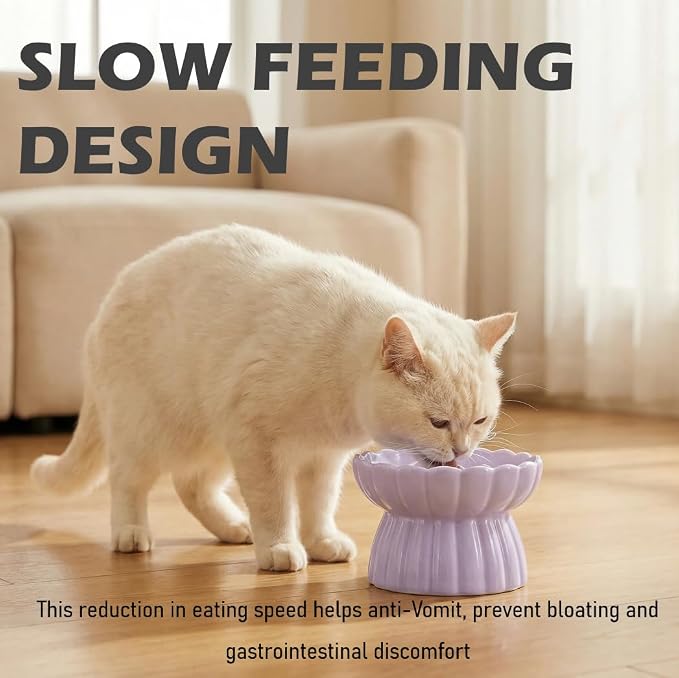 Ceramic Cat Slow Feeder, Raised Slow Feeder Cat Bowl, Anti Vomiting and Whisker Friendly Kitty Dish, Elevated Puppy Kitten Food Bowl for Dry and Wet Food (Purple) - Image 7