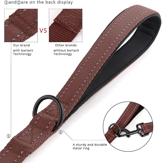 Plutus Pet Double Handle Dog Leash, 5 FT Long, for Medium Large Dogs | Reflective Nylon, Soft Padded 2 Handles, Heavy Duty for Training, Dual Handle Lead, 5 FT x 1”, Chocolate - Image 3
