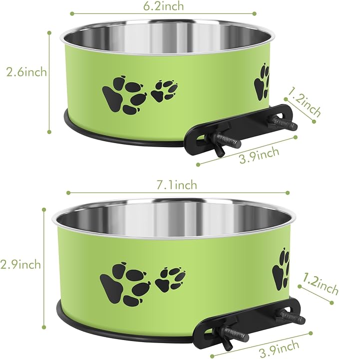 Dog Crate Water Bowl, 54oz & 34oz No Spill Crate Food and Water Bowl | Stainless Steel Kennel Bowls Mountable for Medium and Large Dogs, Cats and Pets, Set of 2, Green (7.1x2.9” & 6.2x2.6”) - Image 5