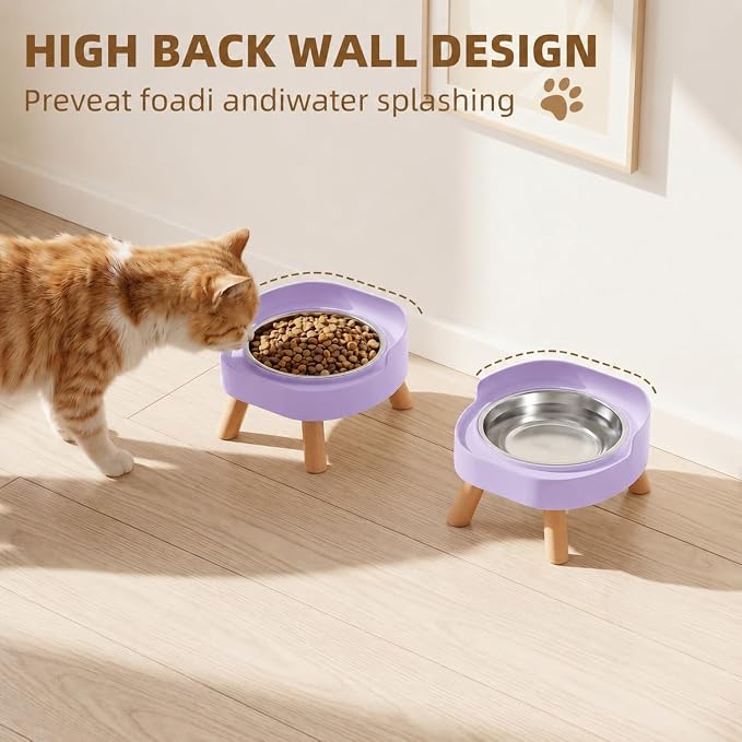 Elevated Cat Bowls, 2P Raised Cat Food and Water Bowl Set for Indoor Cats, Splash Proof with 2 Stainless Steel Pet Food Bowls for Cats ＆ Puppies, Whisker Friendly and Dishwasher Safe - Purple - Image 3
