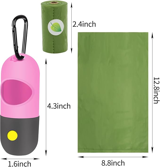 2 Pack Dog Poop Bag Dispenser with Built-in LED Flashlight, Pet Waste Bag Holder for Leash with Carabiner Clip for Lead Leash, 2 Rolls Leak-proof Doggy Waste Bags for Dog Walking, Pink, Eliamo - Image 2