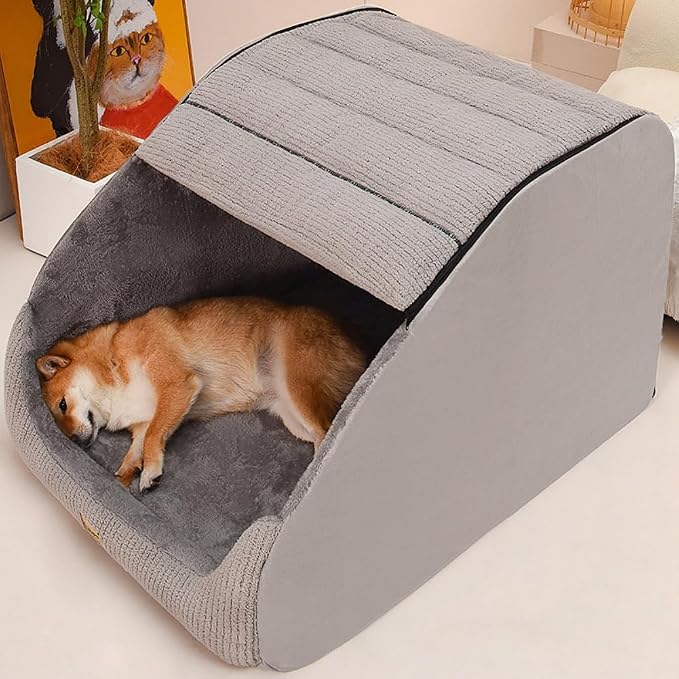 Large Dog House Indoor, Soft Plush Dogs Cave Bed Covered Pet Bed with Fluffy Washable Cushion, Portable Dog/Cat Pet Tent House for Medium Large Dogs (Grey, Medium) - Image 2
