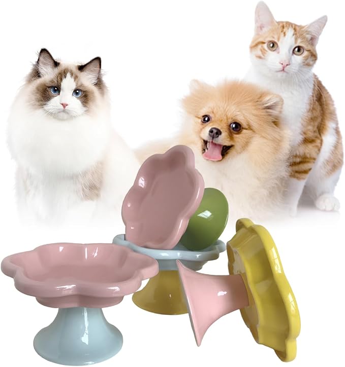 Ceramic Elevated Cat Bowls Flower Dish,Small Raised Dish.Flower Ceramic Raised Bowls for Cats and Small Dogs reducing pet’s Neck Bending and Pressure （Pink Green） - Image 3