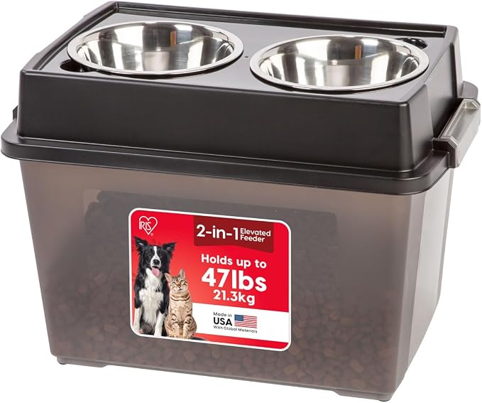 IRIS USA Elevated Dog Bowls 15" H, up to 47 lb Storage, Black, Made in USA | Comes with 2 Stainless Steel Bowls (64 oz), Elevated Feeder, Reduce Strain, Perfect for Camping & Outdoors by IRISUSA