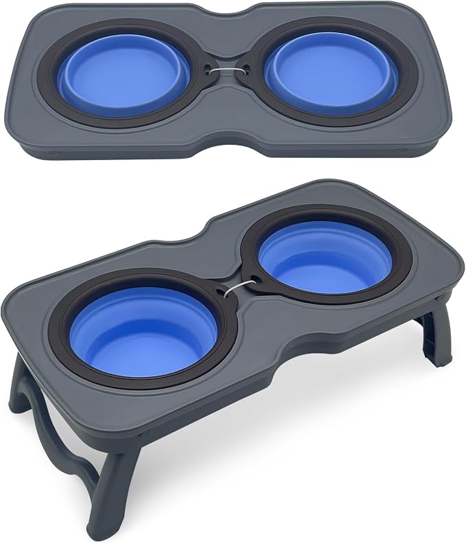 PINVNBY Elevated Portable Dog Bowl, Travel Raised Stand with Collapsible Silicone Double Diner Bowls Non-Slip Food and Water Bowls Holder for Small Dogs and Cats - 14.6" L x 7.5" W x 3.9" H by PINVNBY