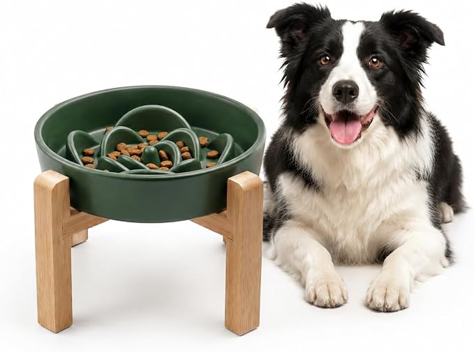Elevated Ceramic Slow Feeder Dog Bowls Anti-Choking Slow Feeding for Medium& Large Anti-Slip Non-Lead & Toxic Durable Easy to Clean Maze Slow Feeder Bowl（8.66in Olive Green Flower Pattern） by addggo