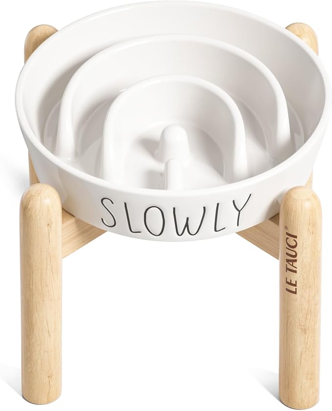 LE TAUCI PET Ceramic Slow Feeder Dog Bowls Elevated, 3 Cups Raised Dog Bowl with Wooden Stand for Medium Large Breed to Slow Down Eating, Puzzle Food Bowl,White by LETAUCIPET