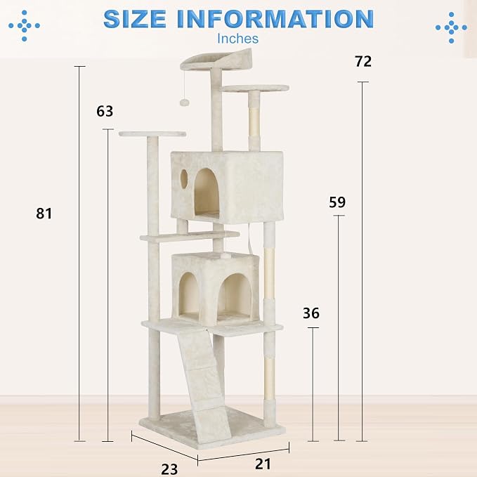 FDW | 81" Cat Tree Tower | Beige | Multi-Level Indoor Activity Center with Sisal Scratching Posts, Condos, Plush Perches, Hanging Cat Toys | Sturdy, Easy to Assemble | for Kittens & Adult Cats - Image 7