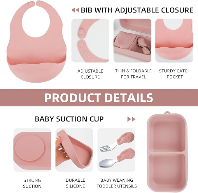 Travel Silicone Baby Feeding Set with 316 Stainless Steel Spoon & Fork ,Silicone Suction Plates, Foldable Bib, Storage Bag - Portable Infant Toddler Utensils, 6-Piece BPA-Free Dishware Kit（pink） - Image 2