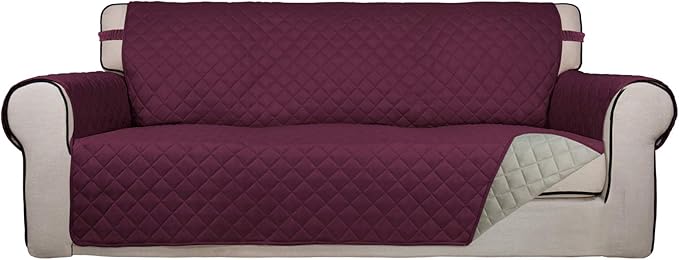 PureFit Reversible Quilted Sofa Cover Dog Couch Covers for Sofa, 66 in | Wine/Beige, Water Resistant Couch Protector, Washable Pet Couch Cover with Non Slip and Elastic Straps For Kids by PureFit