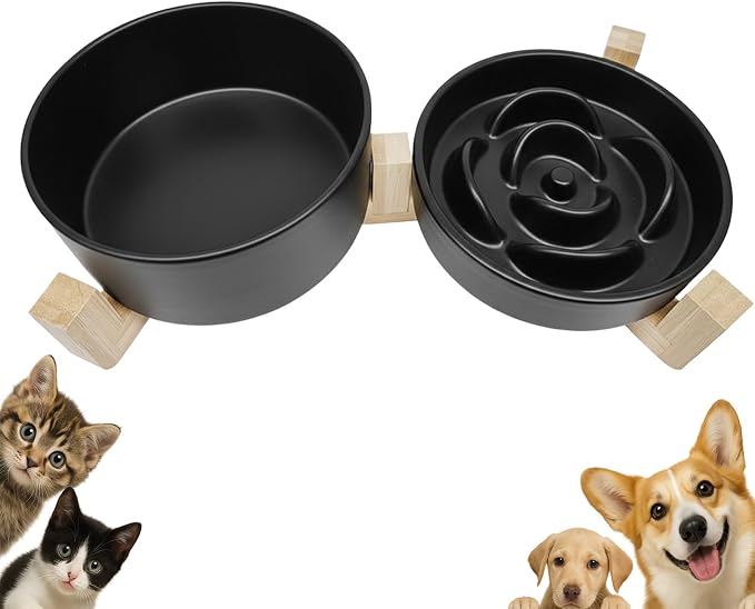 Ceramic Slow Feeder Dog Bowl Set-0.8 Cup Puzzle Dog Food Bowl（≈180g Food） for Fast Eater & 850ML Dog Water Bowl with Wooden Stand for Small Dogs and Cats,Anti-Slip,Black - Image 2