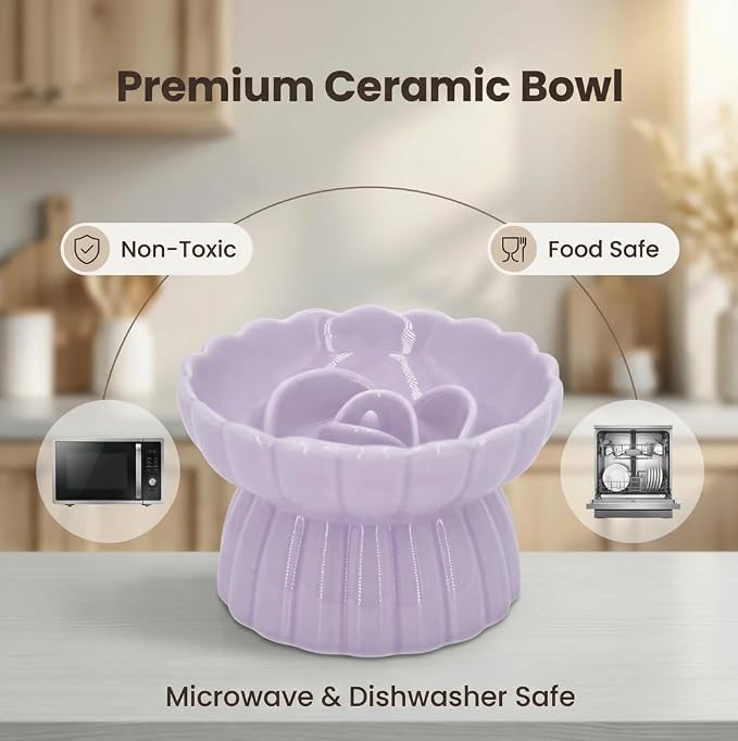 Ceramic Cat Slow Feeder, Raised Slow Feeder Cat Bowl, Anti Vomiting and Whisker Friendly Kitty Dish, Elevated Puppy Kitten Food Bowl for Dry and Wet Food (Purple) - Image 4