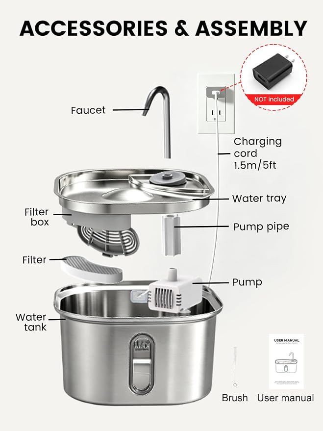Stainless Steel Cat Water Fountain for Cats Indoor 3.2L 108oz BPA-Free S304 | 20dB Super quiet pump with 1.5m cable, Faucet style, 6-layer effective cat fountain filter, Metal cat Fountain for drinking - Image 9