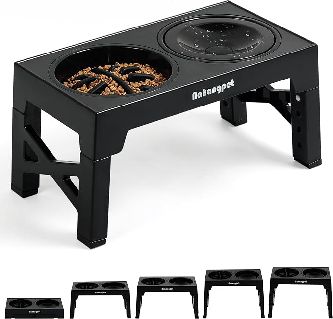 2-in-1 Elevated Slow Feeder Dog Bowls for Food and Water, 5 Heights Adjustable Raised Dog Bowls, Non-Slip, No Spill, for Small Medium Large Dogs and Cats(Black) by NAHANGPET