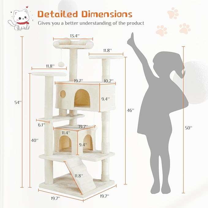 Sweetcrispy 54-inch Cat Tree Tower with Scratching Posts, Indoor Use | Multi-Level Indoor Cat Tree Condo with Climbing Ladder, Plush Toy, Play House for Kitten, Beige - Image 3