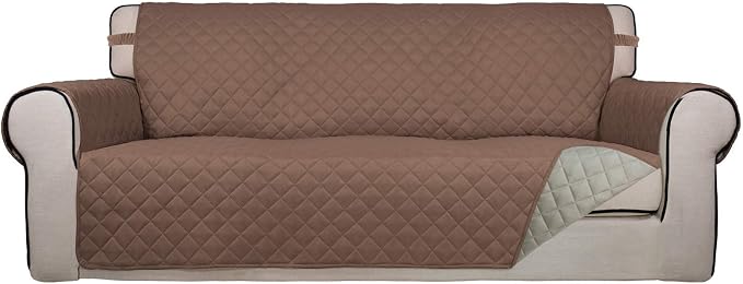 PureFit Reversible Quilted Sofa Cover, Water Resistant Slipcover Furniture Protector, Washable Couch Cover with Non Slip Foam and Elastic Straps for Kids, Dogs, Pets (Large, Brown/Beige) | Brown/Beige, Water Resistant Couch Protector, Washable Pet Couc... by PureFit