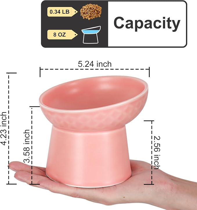 YauYik Ceramic Raised Cat Bowls, Elevated Tilted Cat Food and Water Bowls Set, Stress Free Pet Feeding Dish for Indoor Cats and Small Dogs, Anti Vomiting, Pink, 2 Pack - Image 4