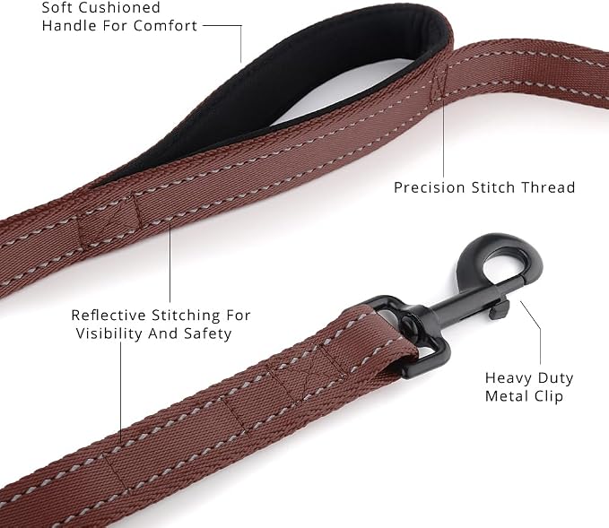 Plutus Pet Double Handle Dog Leash, 5 FT Long, for Medium Large Dogs | Reflective Nylon, Soft Padded 2 Handles, Heavy Duty for Training, Dual Handle Lead, 5 FT x 1”, Chocolate - Image 2