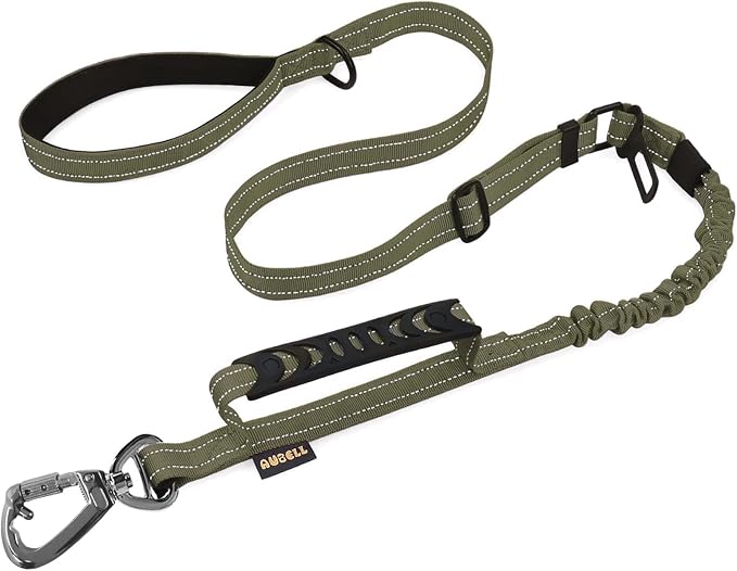 AUBELL Tactical Dog Leash Heavy Duty,4-6ft No Pull Bungee Leash,Green | Reflective Dog Leash for Medium Large Dogs with Comfortable Padded Double Handle,Car Seat Belt,360 Degree Rotating Carabiner by AUBELL