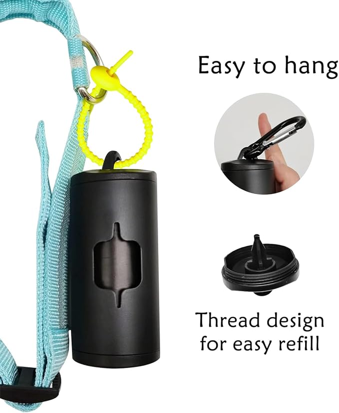 YUCHIYA Aluminum Dog Poop Bags Holder with Carabiner Metal Pet Waste Bags Dispenser with Hook and Loop Fastener and Elastic Cord to Carry Used Bags (Black, 1 Holder 15 Bags) - Image 3