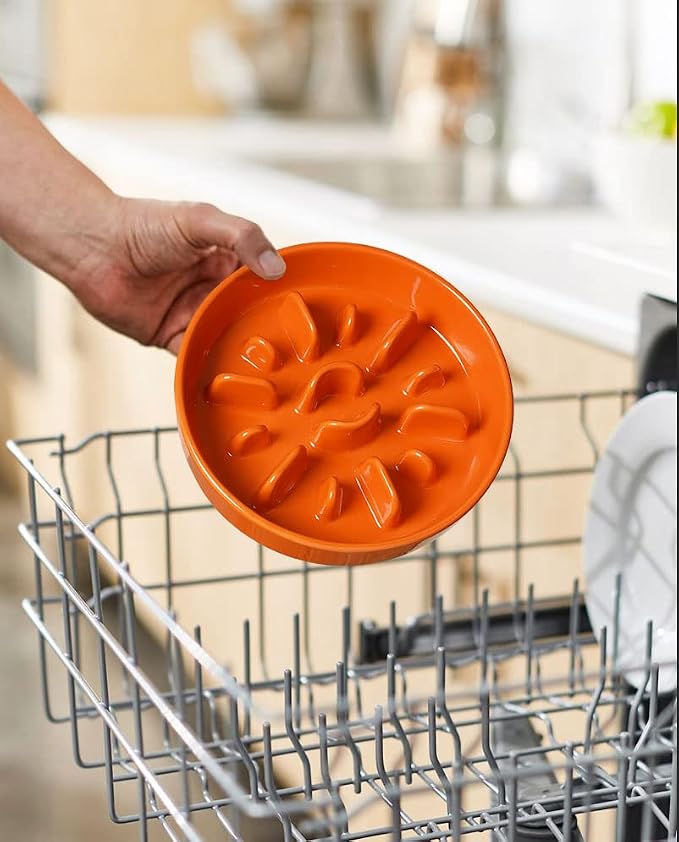 LE TAUCI Ceramic Slow Feeder Puzzle Bowl Elevated 1.5 Cup with Wooden Stand for Small & Medium Dog, Fast Eater Food Bowl Sun Orange - Image 7