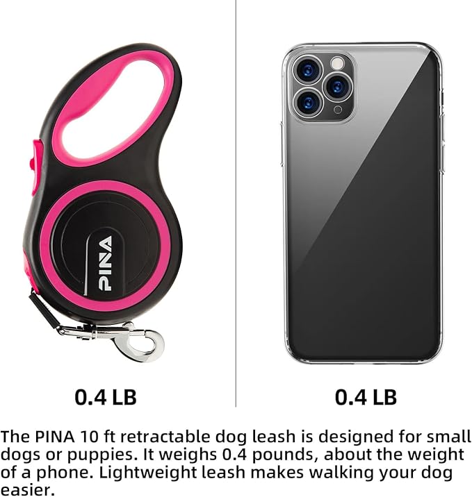 PINA Retractable Dog Leash, 10ft Dog Leash for Small Dogs Up to 33lbs, 360° Tangle-Free Strong Reflective Nylon Tape, with Anti-Slip Handle, One-Handed Brake, Lock - Black Pink - Image 2