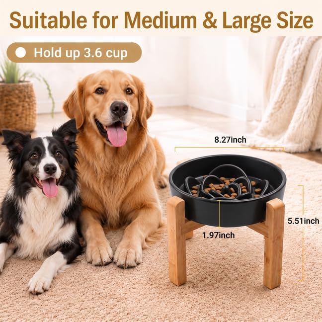 Elevated Ceramic Slow Feeder Dog Bowls Anti-Choking Slow Feeding for Medium& Large Anti-Slip Non-Lead & Toxic Durable Easy to Clean Maze Slow Feeder Bowl（8.66in Black Flower Pattern） - Image 3