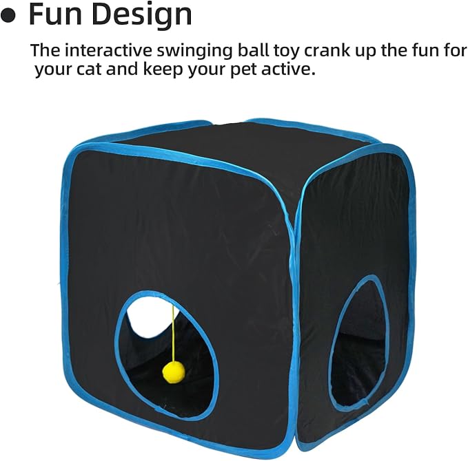 Cat Tunnels for Indoor Cats with Tent Cube and Feather Toy Collapsible Combo, Pop Up Cat Play Tunnel with Interactive Cat Toy Ball for Kitten, Ferret, Puppy, Guinea Pig, Rabbit, Bunny, Blue - Image 7