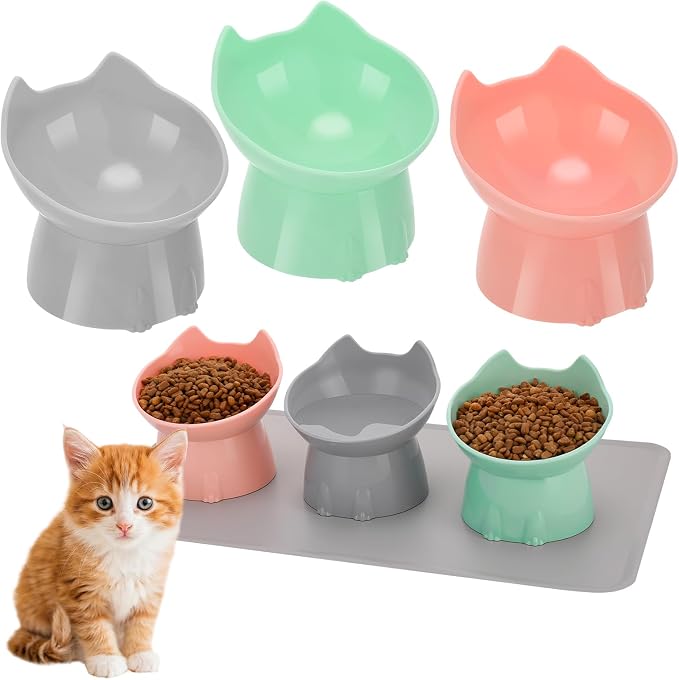 3 Pcs Elevated Cat Bowls 15°Raised Cat Food Bowl with Silicone Mat Pink | Whisker Friendly Anti Vomiting Cats Dishes Pet Food and Water Bowls for Indoor Cats Kittens - Image 8
