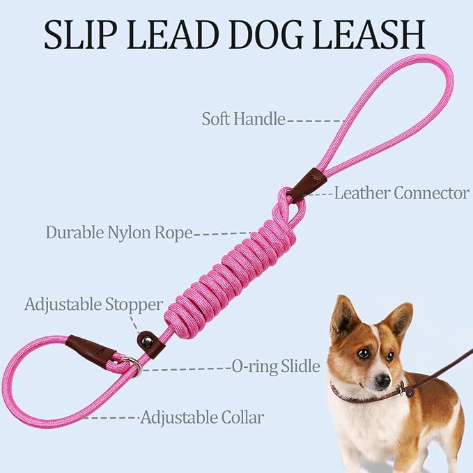 MayPaw Slip Lead Control Leash for Dogs No Pull, 13+ Colors Classic Dog Lead 7FT Pet Slip Leash, 1/4” Rope Leashes for Small Medium Animals (7ft*1/4", Pink) - Image 2