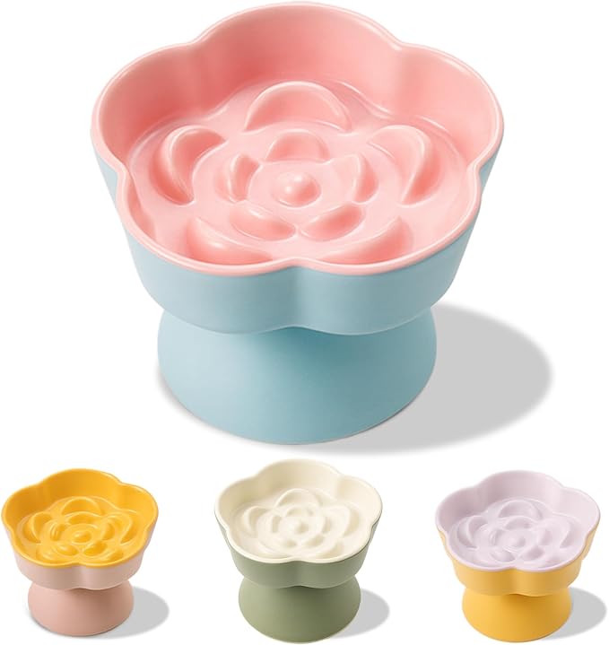 Tilted Cat Bowl, Flower-Shaped Ceramic Slow Feeder Cat Bowl, Raised Pet Bowl for Whisker Relief, Prevents Vomiting & Bloating, Non-Slip Base, Easy to Clean for Dry/Wet Food (Pink & Blue) by Trundisan